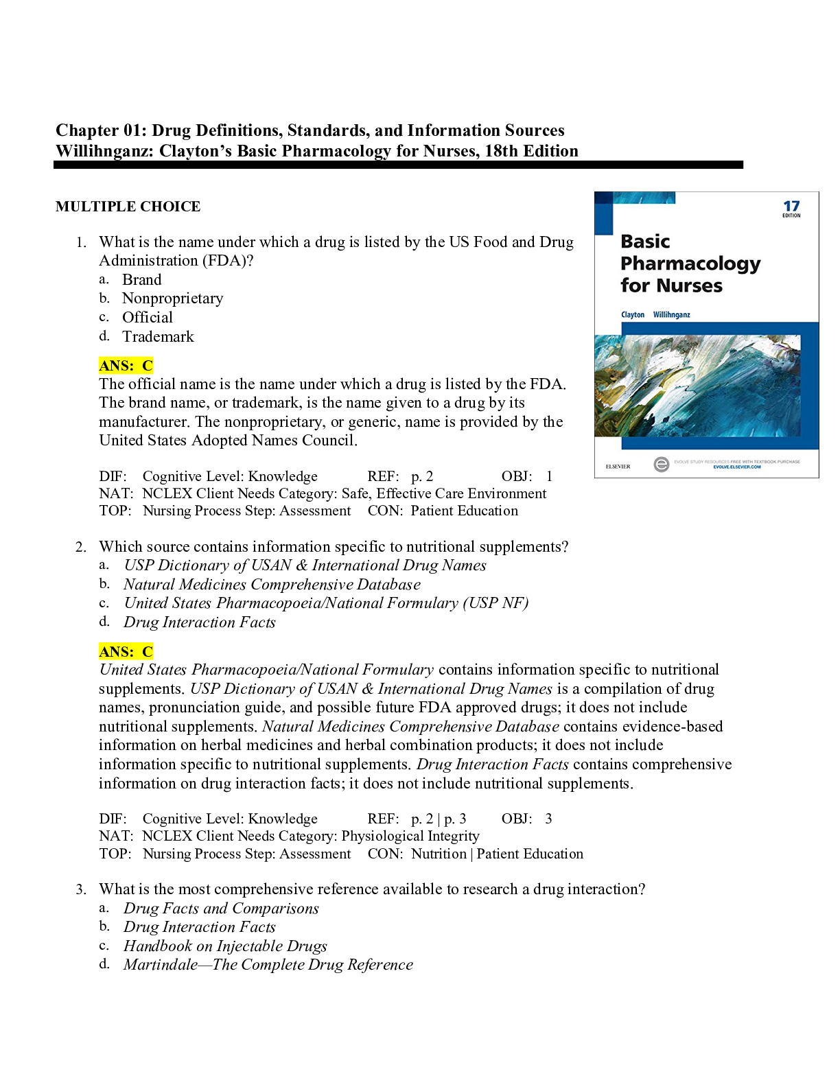 Test Bank Basic Pharmacology for Nurses 17th Edition by Michelle Willihnganz, Bruce D. Clayton Chapter 1-48